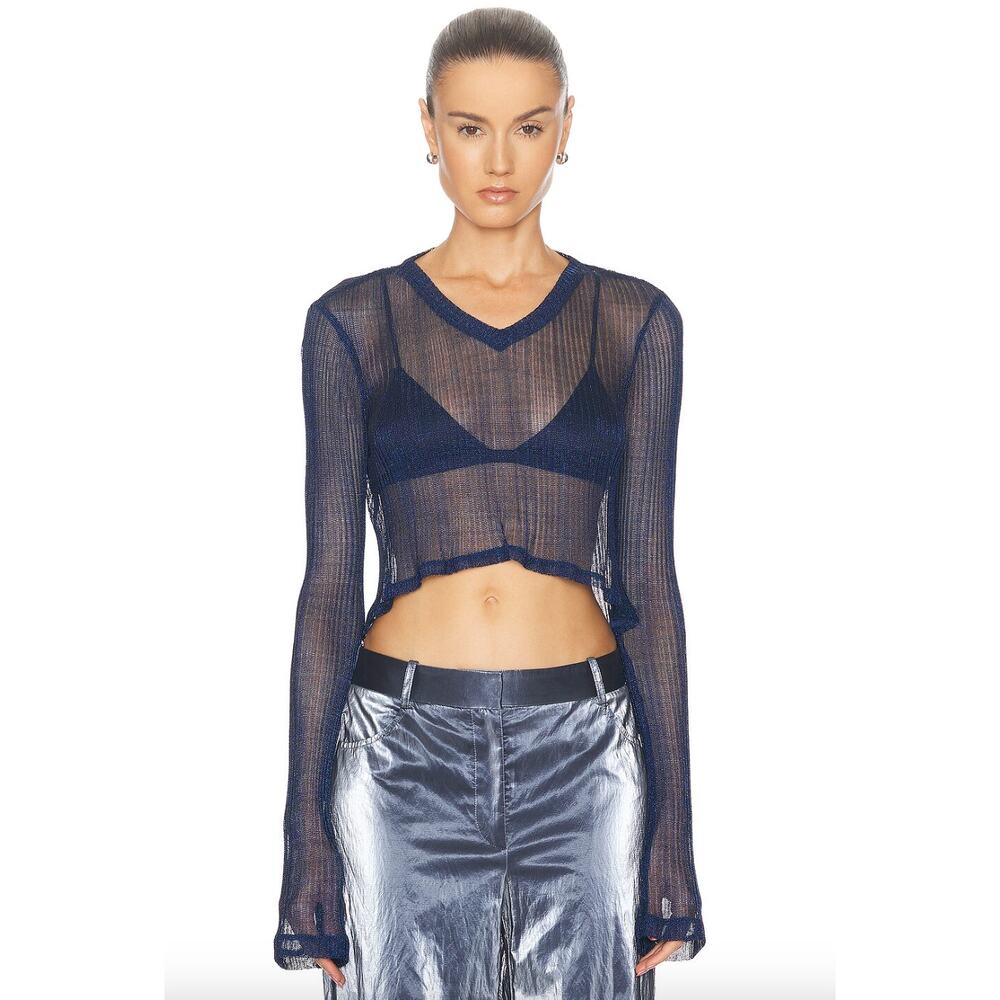 PRISCAVera | NWT Metallic V-Neck Cropped Top in Midnight Blue Sheer Knit M